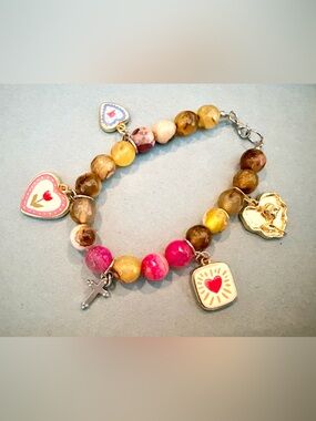 Multicolor Heart & Cross Beaded Charm Bracelet - Pink, Yellow, Brown